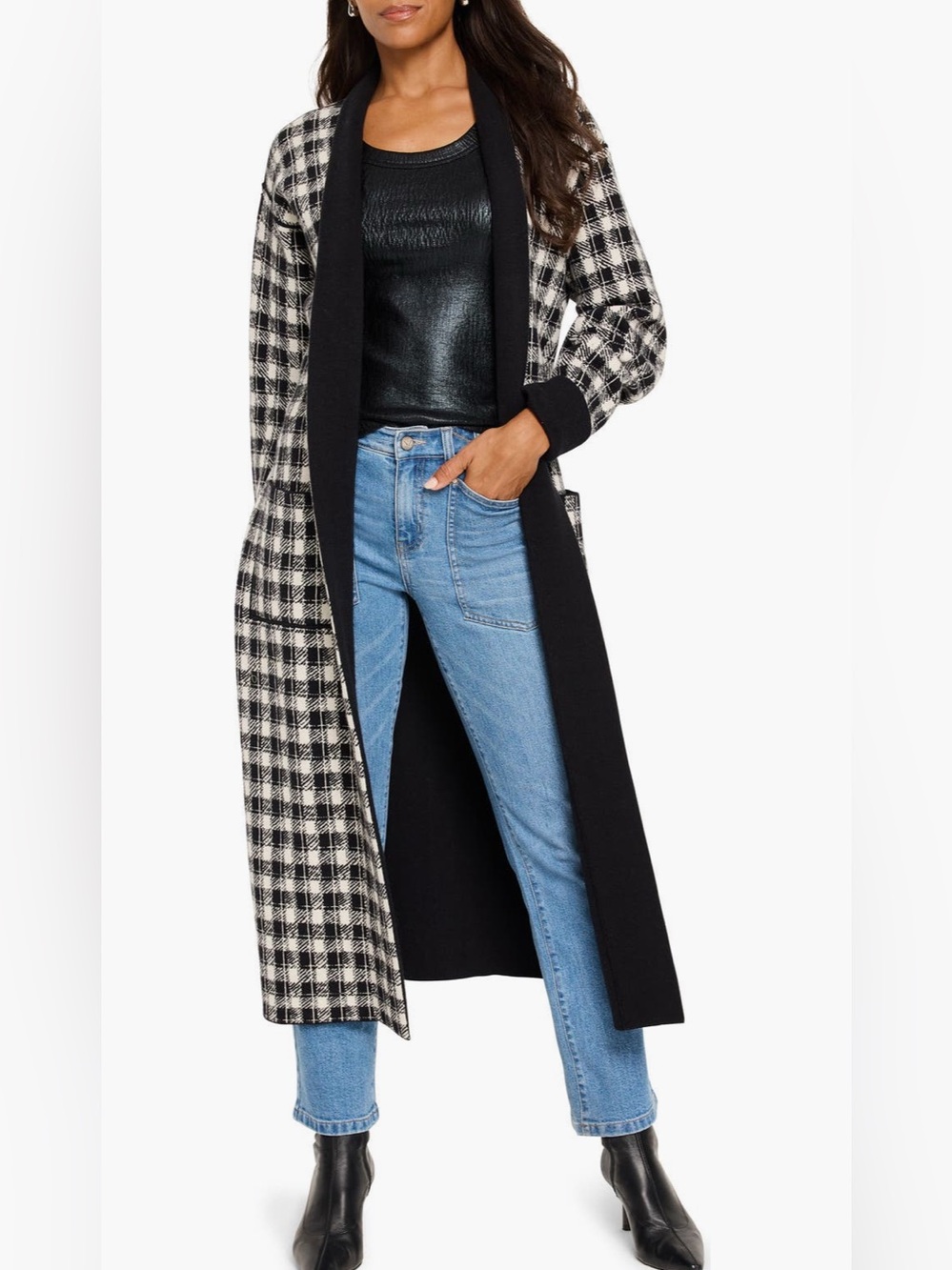 Nic+Zoe Cool Nights Plaid Duster Jacket in Black Multi